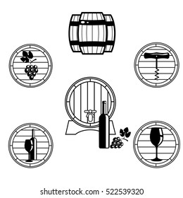 Set of elegant wine logo templates, vector illustration isolated on white background. Vintage style wine badges and labels. Black and white logo templates, wine and grapes, wine glass, barrels