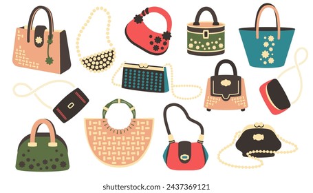 Set of elegant woman hand bags. Fashion stylish ladies handbag different forms, colors, models. Beach bag, luxury handbag with chain and strap, clutch.  Modern accessories. Vector illustration