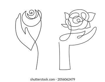 Set of elegant woman hands holding a rose, line art style. Vector illustration