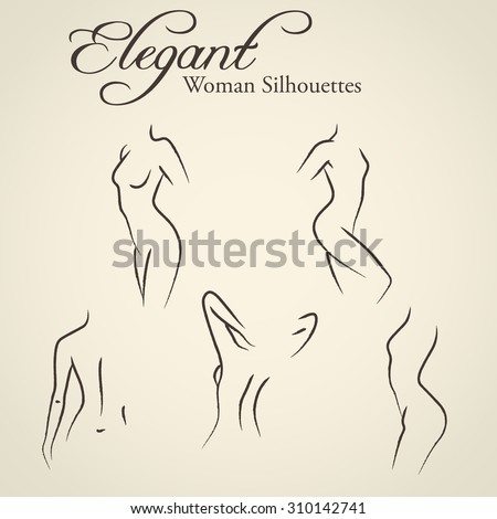 Set of elegant woman silhouettes in a linear sketch style (intimate hygiene, woman health, skin and body care, diet, fitness etc.)