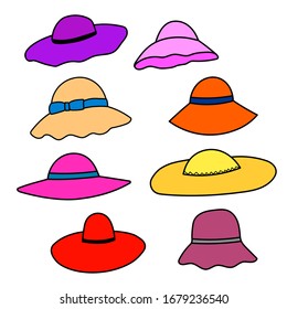 Satz von elegantem Frauenhut einzeln auf weißem Hintergrund. Kopfbedeckungsvektorgrafik für Frauen, Mädchen oder Frauen. Sommersonnenschutz. Einzelnes Symbol. Modeflachskizze. Cartoon-Stil.