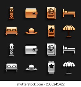 Set Elegant women hat, Bed, Sun protective umbrella for beach, Mobile with review rating, Big bed, Passport, Lighthouse and Wallet icon. Vector