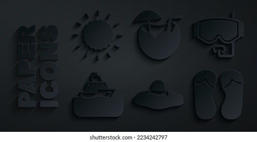 Set Elegant women hat, Diving mask, Cruise ship, Flip flops, Coconut cocktail and Sun icon. Vector