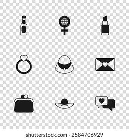 Set Elegant women hat, Envelope with 8 March, Heart in speech bubble, Handbag, Lipstick, Champagne bottle, International Women Day and Diamond engagement ring icon. Vector