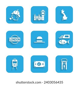 Set Elegant women hat, Pound sterling money, London phone booth, Fish and chips, Tram railway, sign, England map and Sherlock Holmes icon. Vector