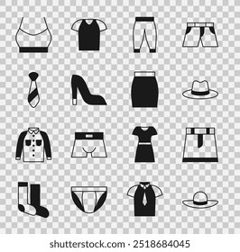 Set Elegant women hat, Skirt, Man, Pants, Woman shoe, Tie, Female crop top and  icon. Vector