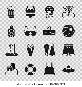 Set Elegant women hat, Swimming trunks, Beach ball, Jellyfish, Glasses, Pineapple, Wooden beer mug and Shark fin ocean wave icon. Vector