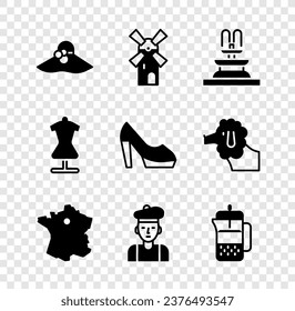 Set Elegant women hat, Windmill, Fountain, Map of France, French man, press, Mannequin y Woman shoe icon. Vector