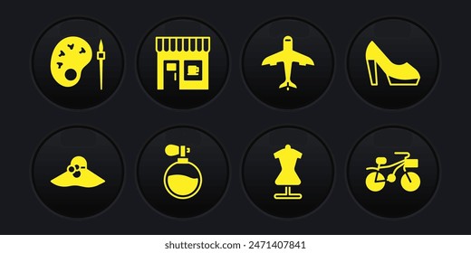 Set Elegant women hat, Woman shoe, Perfume, Mannequin, Plane, Coffee shop, Bicycle and Paint brush with palette icon. Vector