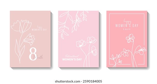 Set of elegant Women's Day posters with floral line art. Minimalist one-line design for 8 March and Mother’s Day greeting cards. Stylish templates with delicate flowers and modern feminine aesthetics.