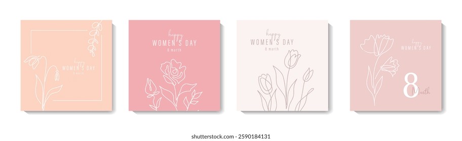 Set of elegant Women's Day posters with floral line art. Minimalist one-line design for 8 March and Mother’s Day greeting cards. Stylish templates with delicate flowers and modern feminine aesthetics.