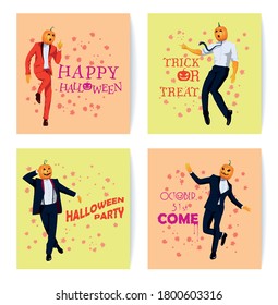 Set of elegantly dressed in a tuxedo suit   jack o lantern  characters. Men in pumpkin face masks dance in variable poses.  All Saints' Eve concept greeting cards. Vector flat design illustrations.
