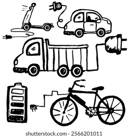 Set of Elektro car, scooter, truck, bike, battery. Hand draw with texture. Vector, isolated. Black and white, ink style, modern, interesting and simple.