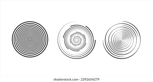 Set elemen spiral , Set of spiral and rotating motion elements, black isolated objects. Different brush textures, vector illustration. 