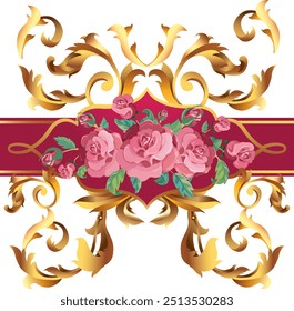Conjunto de elemento barroco gravado floral scroll padrão retro. Borda vitoriana dourada e ornamento rosa rosas. 