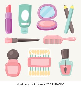 Set of element beauty cosmetics, hair, skin-care, makeup and fragrance and body care products. Vector flat style cartoon illustration 