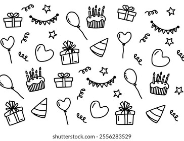 Set of element birthday party with seamless pattern vector, print and packaging, fashion