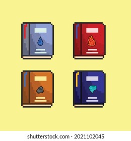 set of element books with pixel art style