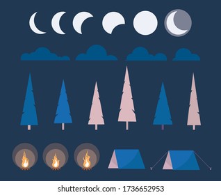 Conjunto de elementos para acampar. Árboles, luna, nube, carpa y hoguera para ilustrar de la noche a la mañana en el bosque