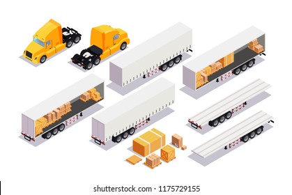 Set element cargo transport. Flat 3d isometric high quality city transport. cargo truck, trailer