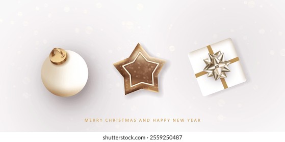 Set of element Christmas decoration on gray background. Christmas gift box, white 3d ball and ginger cookie star. Xmas realistic card. Vector greeting Holiday design.