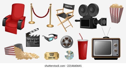 Set of element cinema attributes equipment. Vector illustration of armchair,camera,popcorn,clapper board,glasses,film,tv. World Cinema day,cinemas,design, concept. Isolated on white background.
