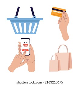 Establecer un elemento en el concepto de compra de alimentos en línea en Internet. Mercado local y supermercado. Compra productos en línea. Servicios de entrega de alimentos. Diseño de banner vectorial a mano de moda.