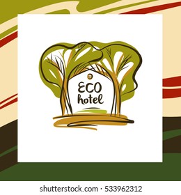 Set of element of corporate identity, banner with silhouette two green tree for vector eco hotel logo. Color illustration design template for logotype of royal business eco village resort