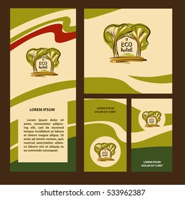 Set of element of corporate identity, banner with silhouette two green tree for vector eco hotel logo. Color illustration design template for logotype of royal business eco village resort