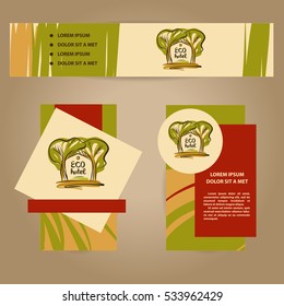 Set of element of corporate identity, banner with silhouette two green tree for vector eco hotel logo. Color illustration design template for logotype of royal business eco village resort.
