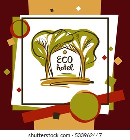 Set of element of corporate identity, banner with silhouette two green tree for vector eco hotel logo. Color illustration design template for logotype of royal business eco village resort