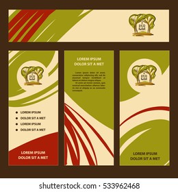 Set of element of corporate identity, banner with silhouette two green tree for vector eco hotel logo. Color illustration design template for logotype of royal business eco village resort