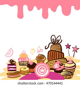 Set of element design for corporate identity, banner, business card, poster with freehand drawn vector cake sweets logo. Piece of cake, cronut, cruffin on color background. Desserts and sweet piece.