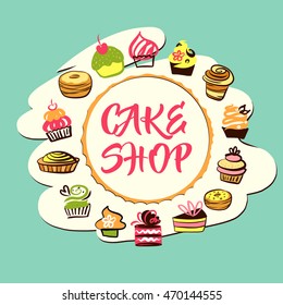 Set of element design for corporate identity, banner, business card, poster with freehand drawn vector cake sweets logo. Piece of cake, cronut, cruffin on color background. Desserts and sweet shop.