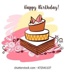 Set of element design for corporate identity, banner, business card, poster with freehand drawn vector cake sweets logo. Piece of cake on color background. Happy birthday.