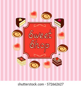 Set of element design for corporate identity, banner, business card, poster with freehand drawn vector cake sweets logo. Piece of cake on color background. Desserts and sweet shop.Vector illustration.