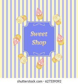 Set of element design for corporate identity, banner, business card, poster with freehand drawn vector cake sweets logo. Piece of cake on color background. Desserts and sweet shop.Vector illustration.