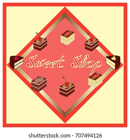 Set of element design for corporate identity, banner, business card, poster with freehand drawn vector cake sweets logo. Piece of cake on color background. Desserts and sweet shop.Vector illustration.
