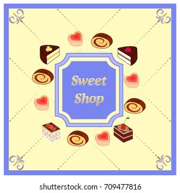 Set of element design for corporate identity, banner, business card, poster with freehand drawn vector cake sweets logo. Piece of cake on color background. Desserts and sweet shop.Vector illustration.