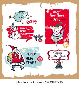 Set element design for invitation greeting banner, postcard, sale, winter party event. Pig, Boar symbol of the 2019 Chinese Happy new year. Comic, cartoon style silhouette santa claus, snowman, bell