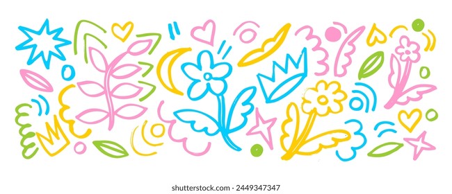 Set element design painted brush flowers, crowns,  hearts, stars and speckles. Hand drawn childish doodle .