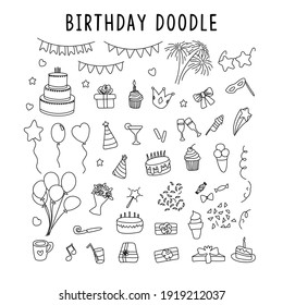 conjunto de elementos de decoración doodle cumpleaños. conjunto vectorial de elementos para los garabatos de cumpleaños y fiesta