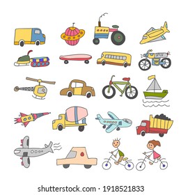 set of element doodle transport colorful kid. Hand drawn Sketch doodle vector line color icons collection of Transport element icon set on white background