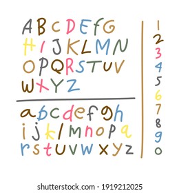 Satz von Element zeichnen Kind-Alphabet bunt. Kinderzeichnung der Schriftart aus Wachskrebs. Vektorgrafik.
