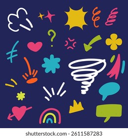 Set of Element Effect Comics. Cute line patterns and text boxes, bright colors, fun movements.hand drawn doodle speed motion, funny spark. Vector illustration

