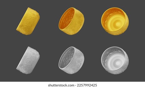 set of element of gold and silver bowl from image traced 3d. songkran festival thailand travel.