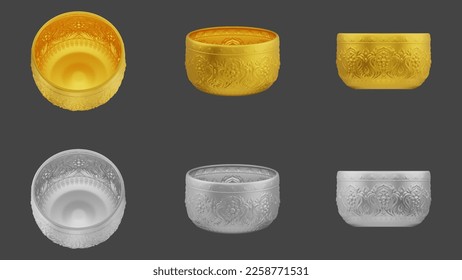 set of element of gold and silver bowl from image traced 3d. songkran festival thailand travel.