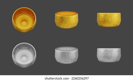 set of element of gold and silver bowl thai culture from image traced 3d. songkran festival thailand travel.