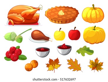 Set of element for Happy Thanksgiving Day on white background. Badge, icon, template an apple, cranberries, pumpkin pie, leaf, turkey, sous, rowan berry.