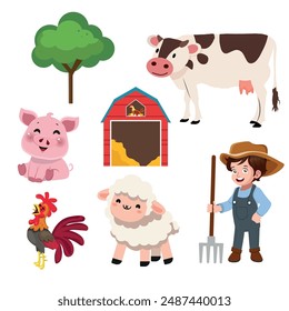 set of element icons and farm animals, little farmer, cow and rooster. vector illustration